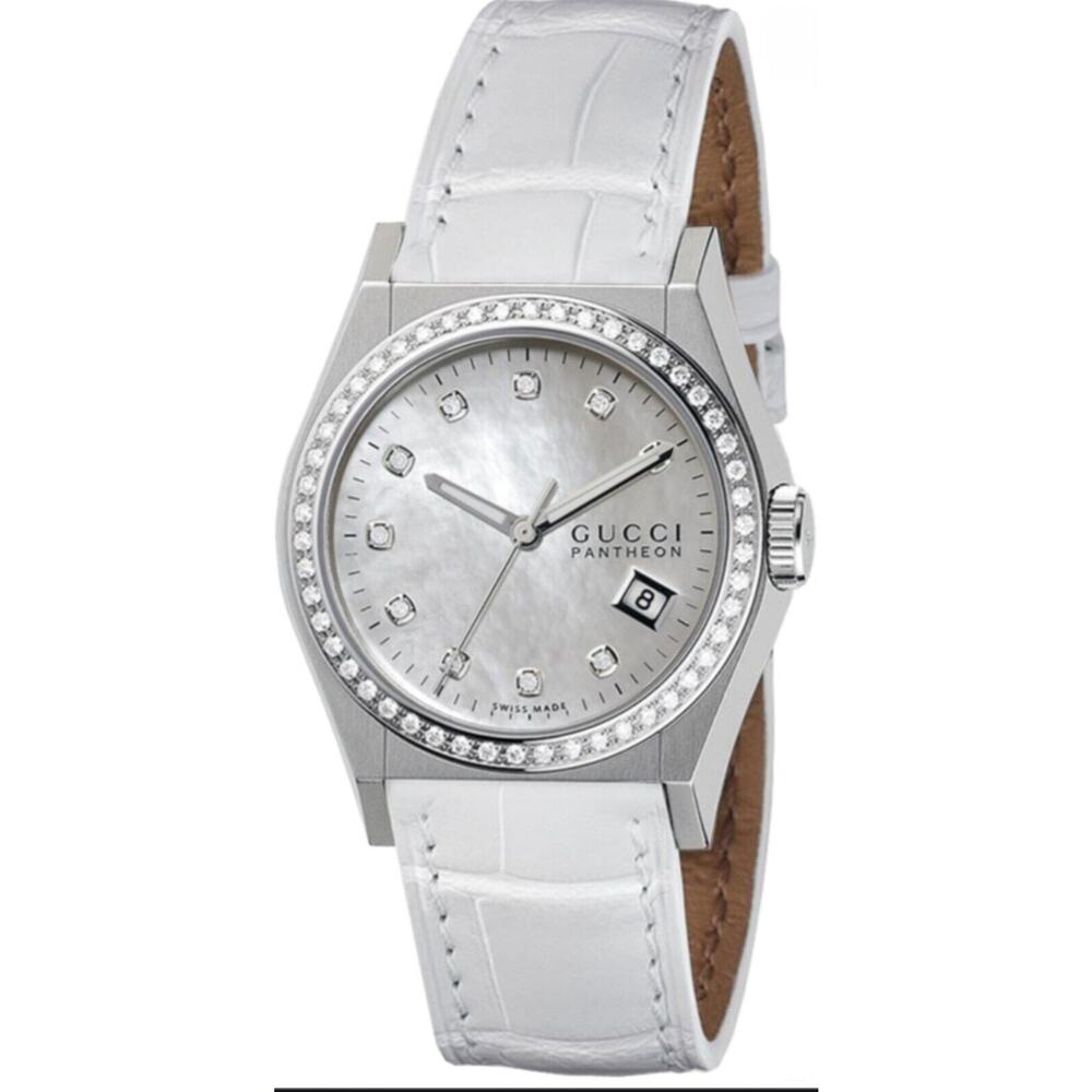 Gucci Watch 115 Pantheon White Leather Strap Gucci YA115410 Diamond